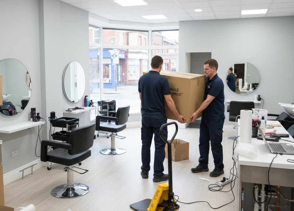Delivery team helping to set up hairdressers near York